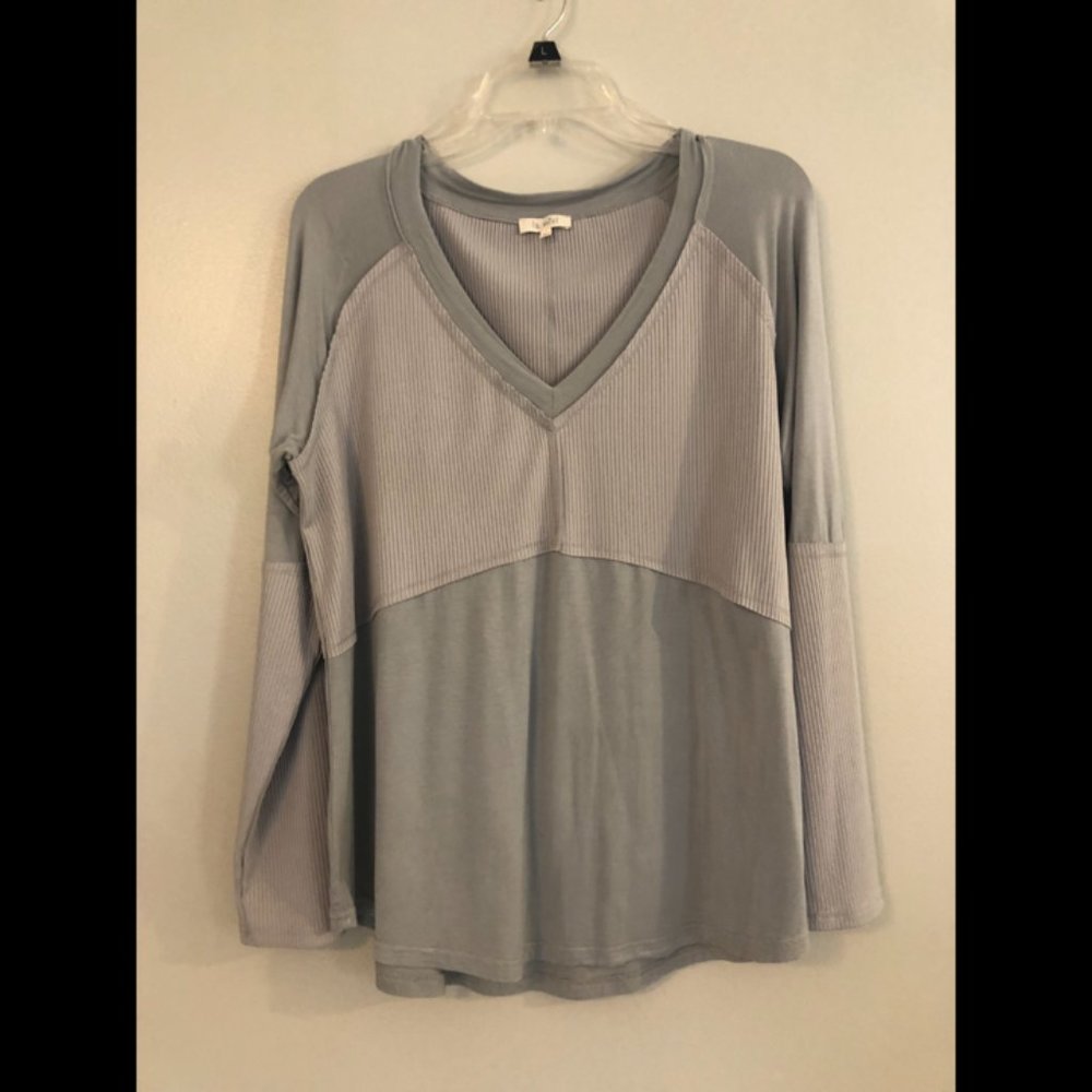 Mixed Media Long Sleeve V-Neck Top